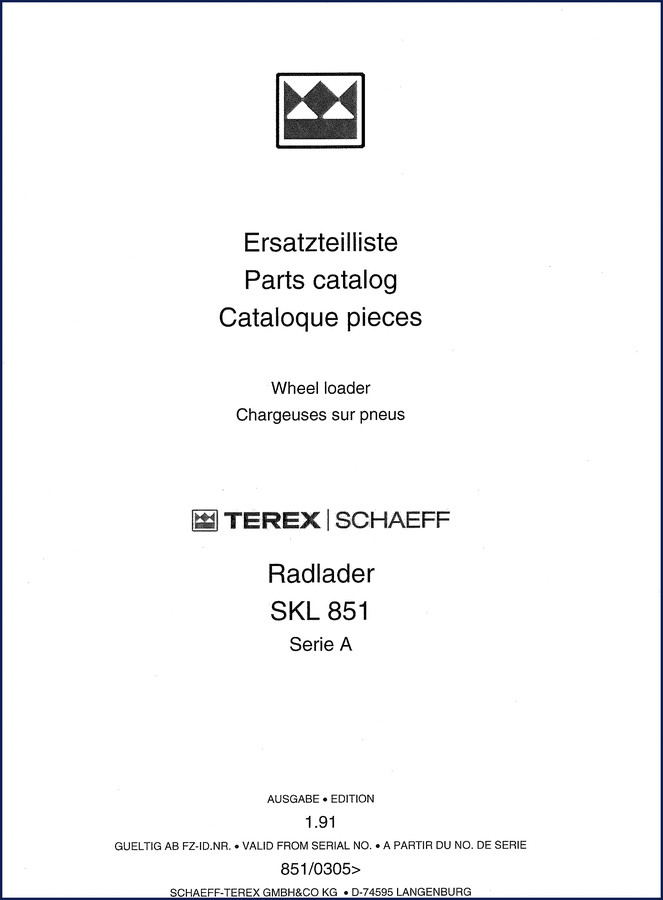 Terex Schaeff SKL 851 1991 Parts Catalog cover