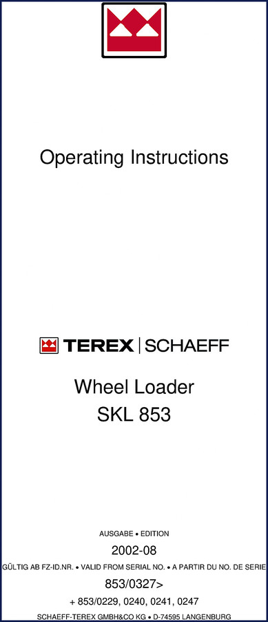 Terex Schaeff SKL 853 2002 Operators Manual cover showing wheel loader