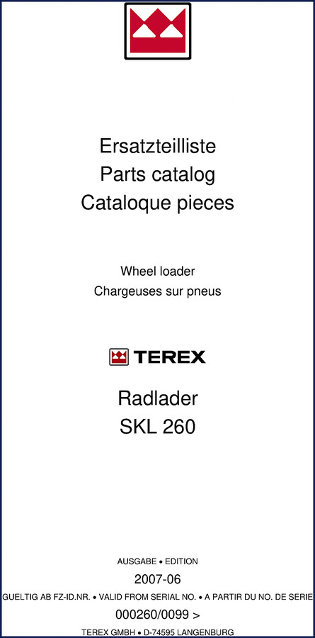 Terex SKL 260 2007 Parts Catalog cover showing wheel loader and model designation