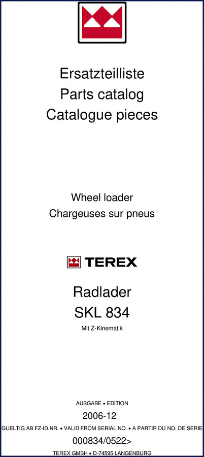 Terex SKL 834 2006 Parts Catalog cover showing wheel loader front view