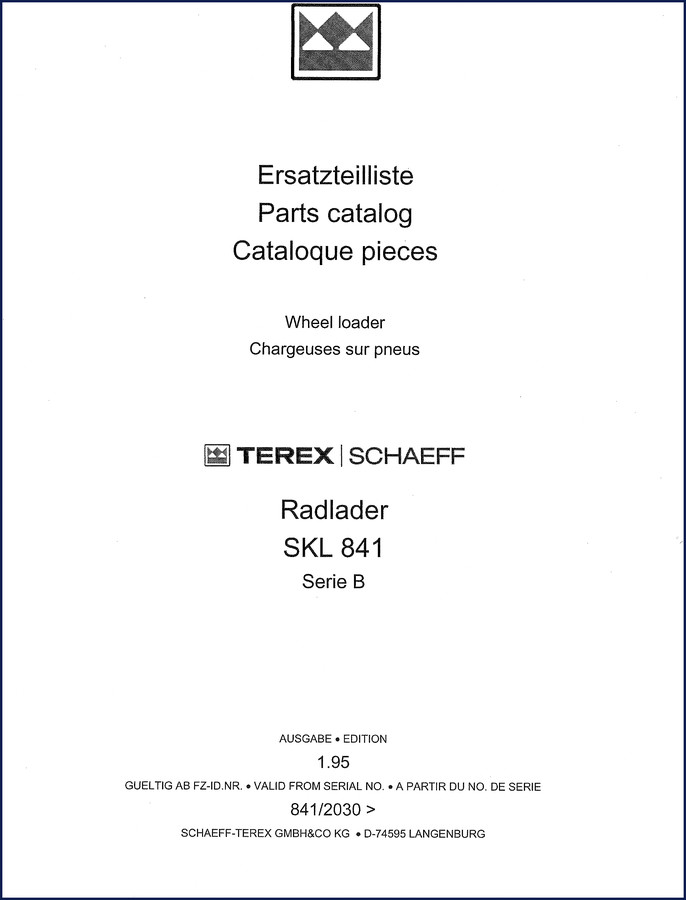 Terex SKL 841 1995 Parts Catalog cover showing Schaeff-terex logo and wheel loader