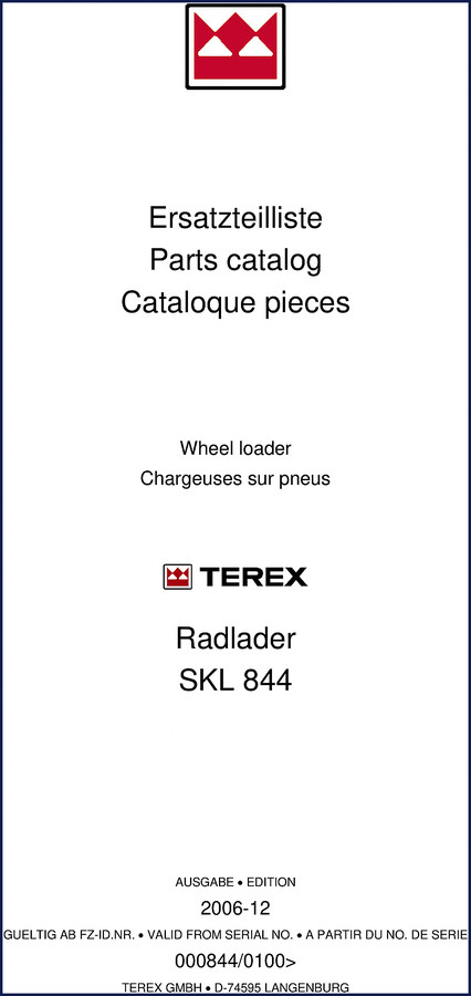 Terex SKL 844 2006 Parts Catalog cover with wheel loader illustration