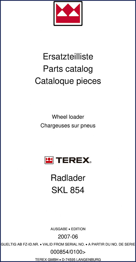 Terex SKL 854 2007 Parts Catalog cover page - factory parts breakdown