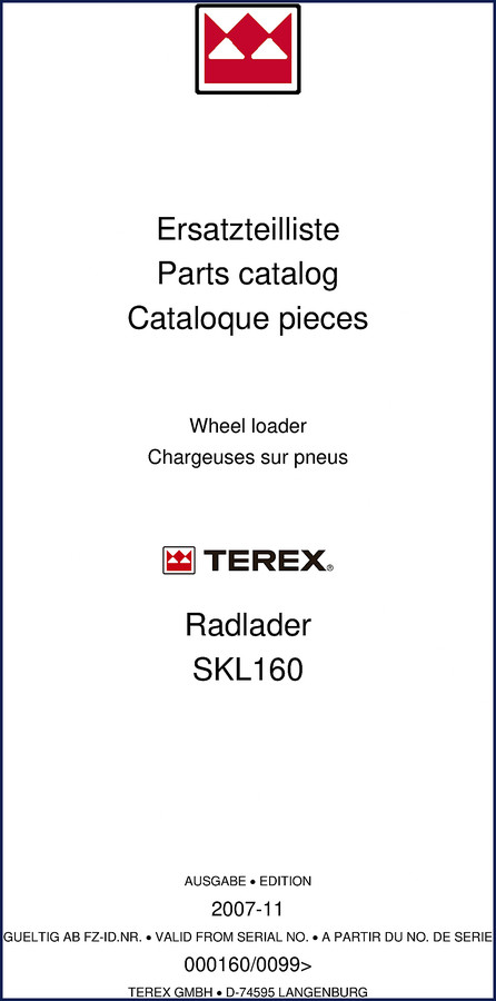 Terex SKL160 wheel loader 2007 Parts Catalog cover showing front loader and part number 5780310014