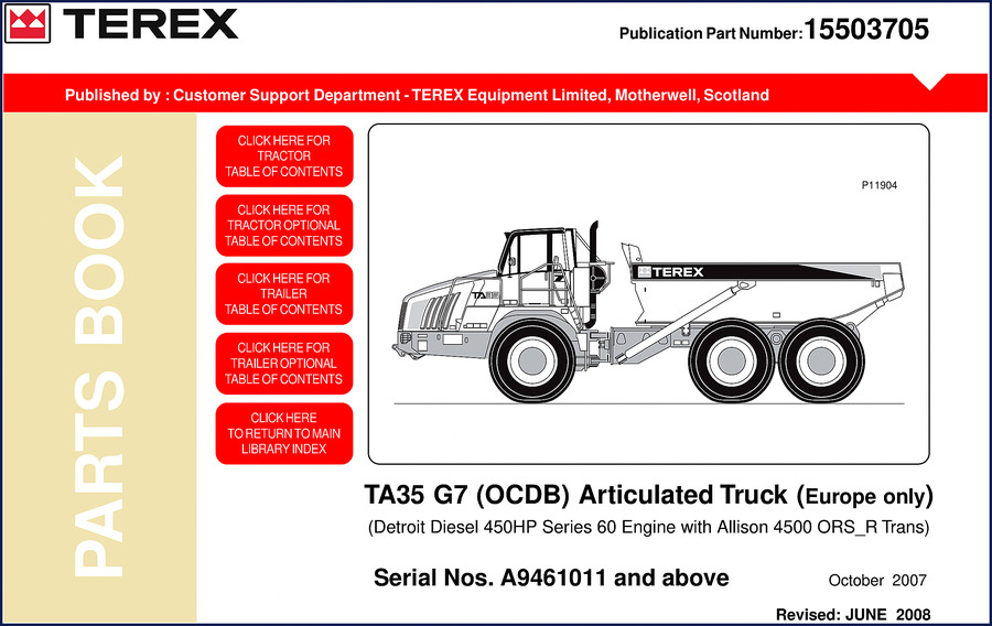 Terex TA35 G7 2007 Parts Catalog cover - 412 pages OEM factory parts manual for articulated truck