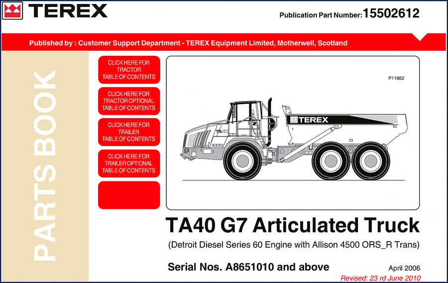 Terex TA40 G7 2006 Parts Catalog cover showing articulated truck and Terex logo