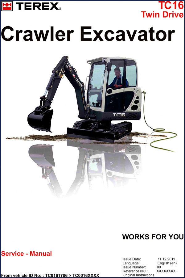Terex TC16 2011 Service Manual cover showing Twin Drive crawler excavator with factory specs