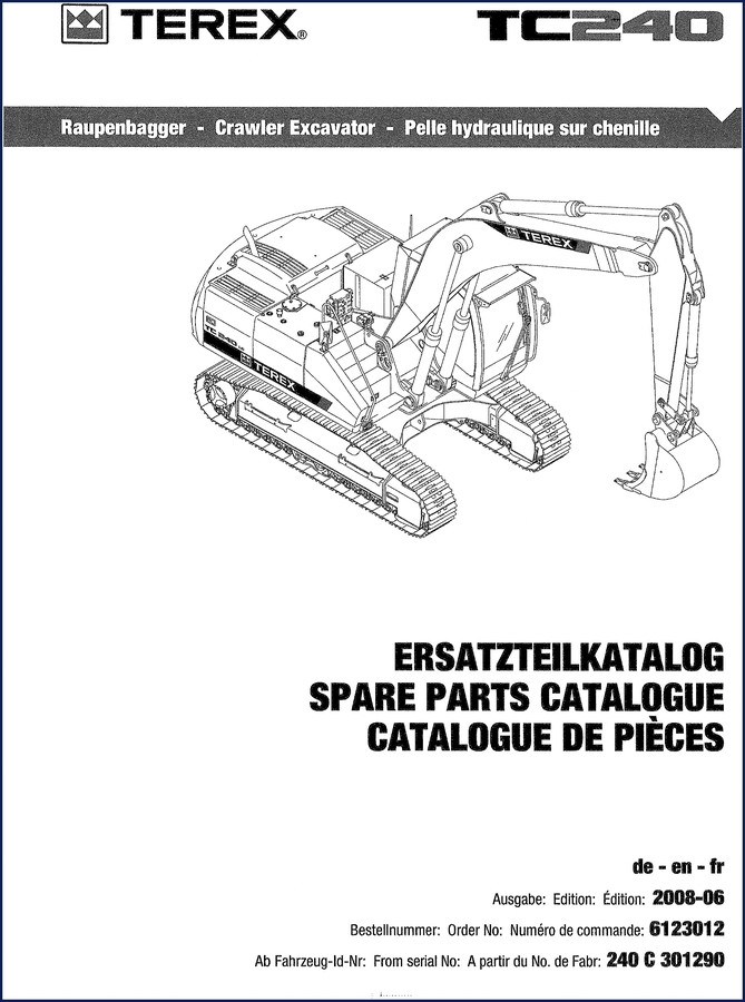 Terex TC240 2008 Parts Catalog cover page showing crawler excavator and factory part number layout
