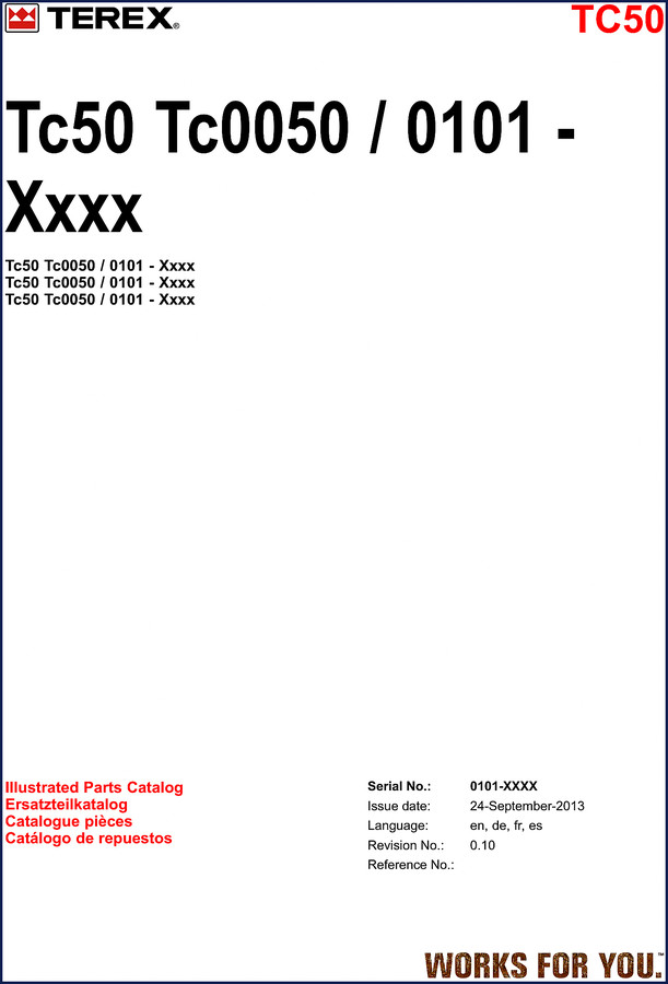Terex TC50 2013 Parts Catalog cover with serial number 0101-XXXX