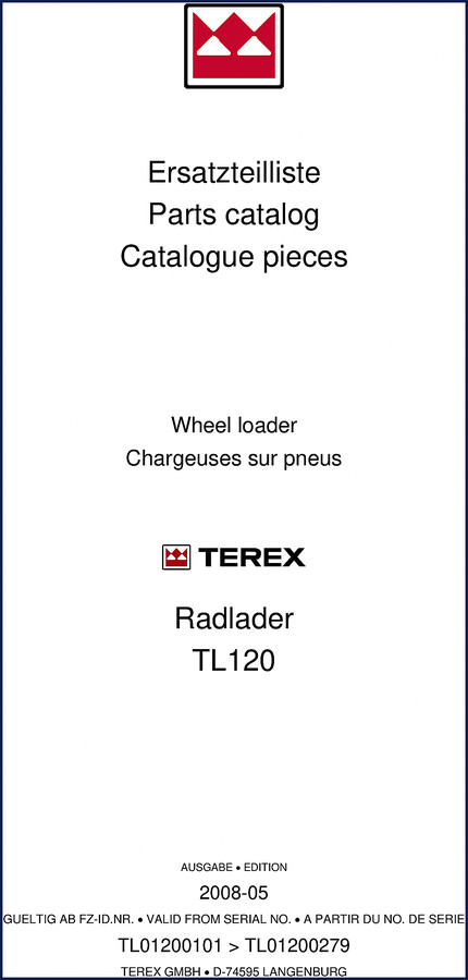 2008 Terex TL 120 Parts Catalog cover showing wheel loader and OEM part numbering system