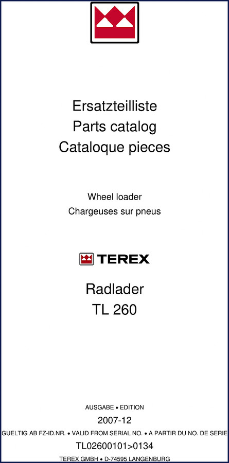 Terex TL 260 2007 Factory Parts Catalog cover showing wheel loader and multilingual title