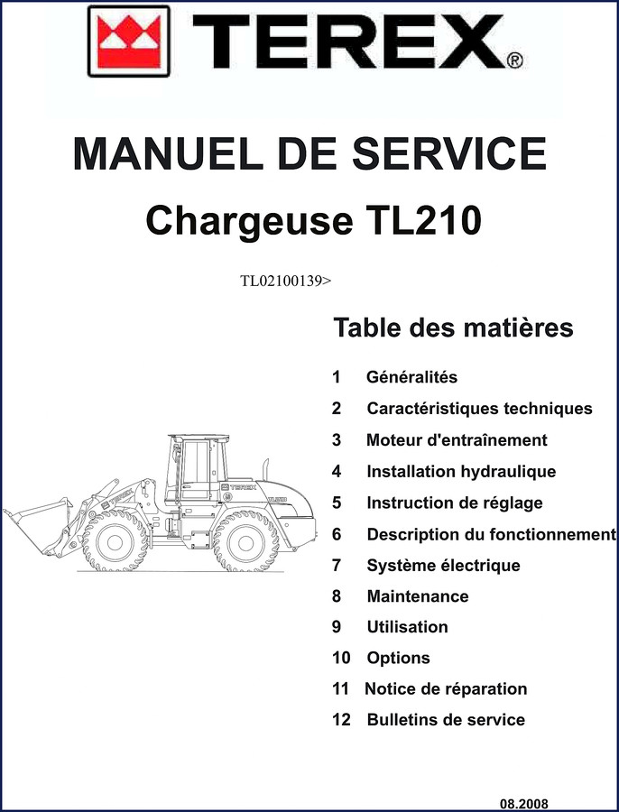 Terex TL210 2009 Parts Catalog page showing inspection kits and serial number TL02100101