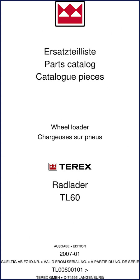 Terex TL60 2007 Parts Catalog cover showing wheel loader and factory manual layout