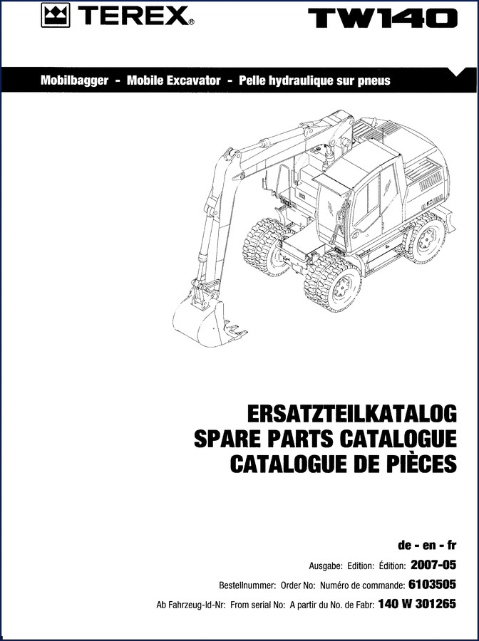 Terex TW140 2007 Parts Catalog cover showing excavator and manual title