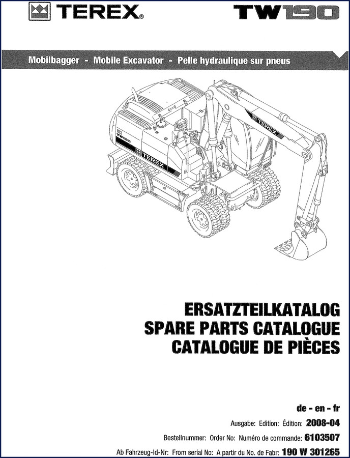 Terex TW190 2008 Parts Catalog cover page showing OEM factory manual for mobile excavator