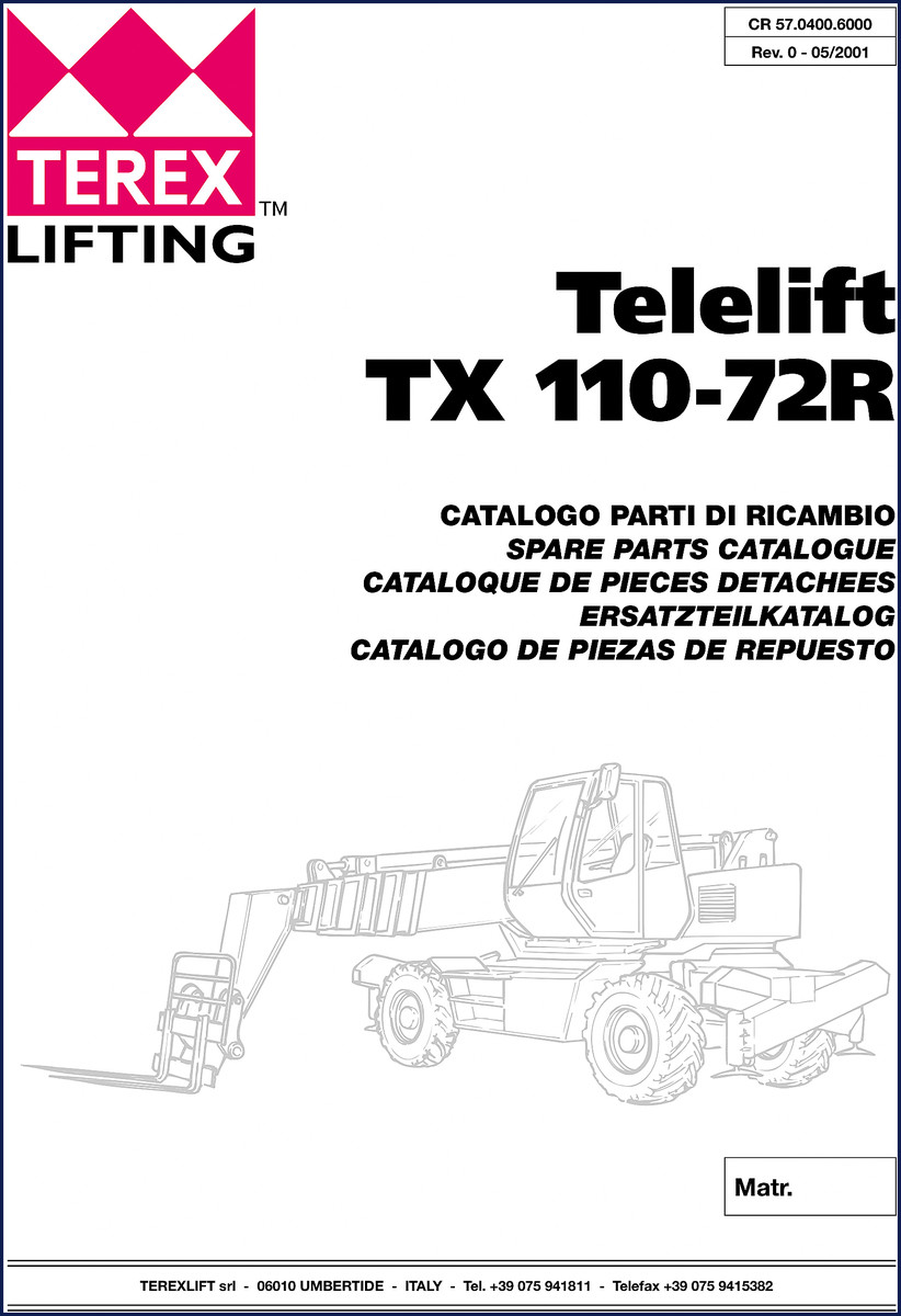 Terex TX 110-72R 2001 Parts Catalog cover page showing machine silhouette and Terex logo