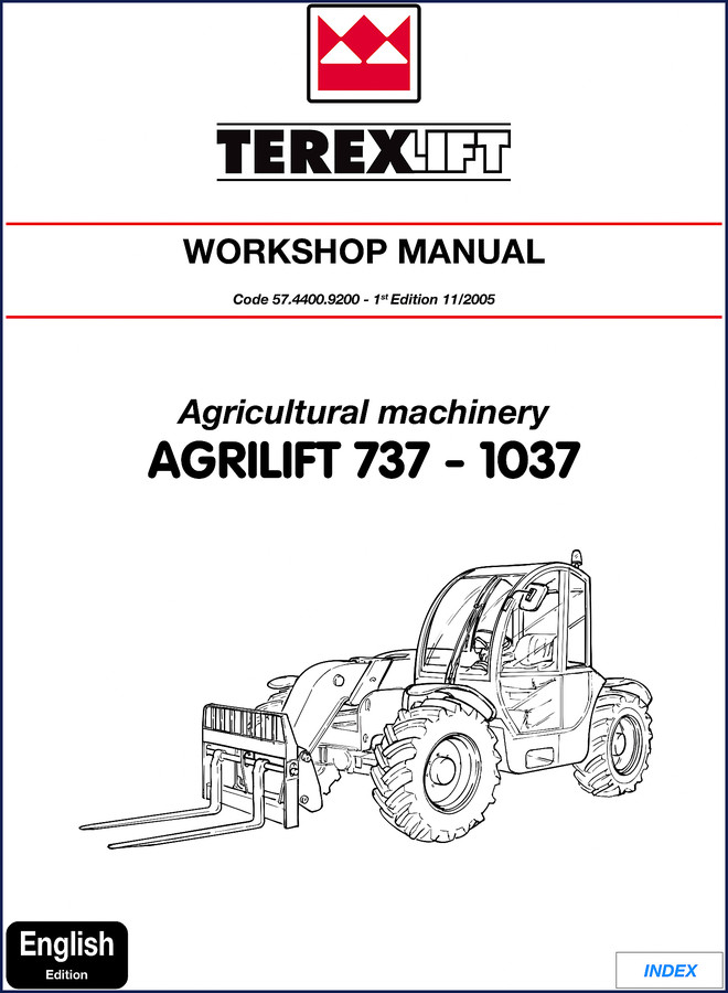 Terexlift AGRILIFT 737 and 1037 2005 workshop manual cover showing agricultural telehandler