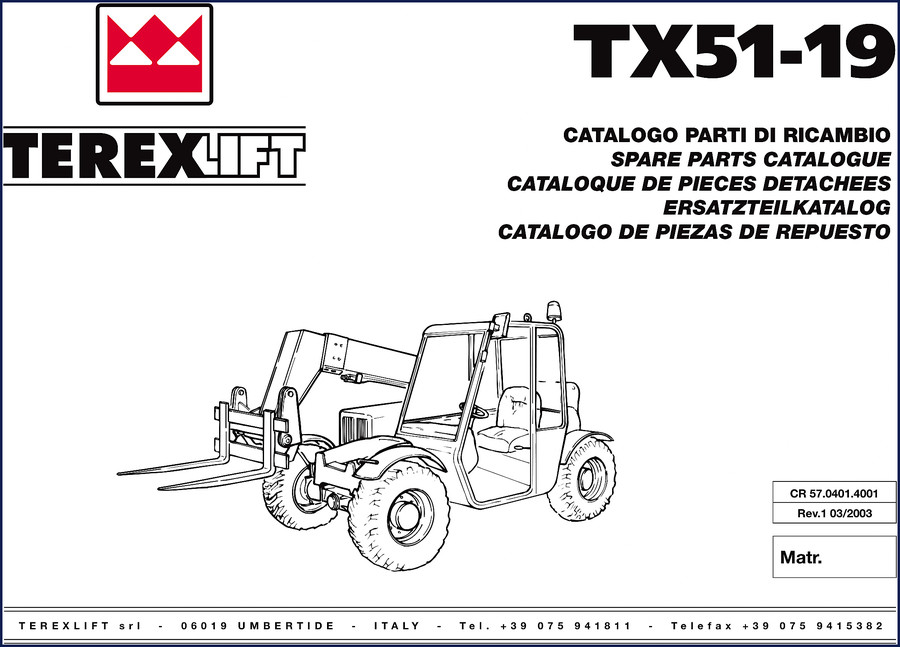 Terexlift TX51-19 2003 Parts Catalog cover – OEM factory spare parts catalogue for construction telehandler