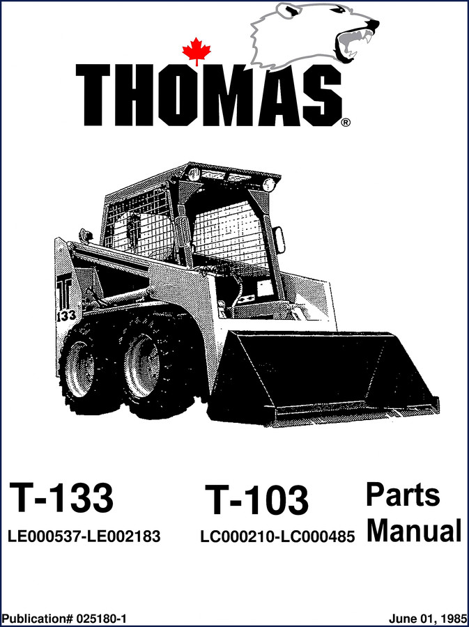 Cover of Thomas T-103 T-133 1985 Parts Catalog manual, showing model identification