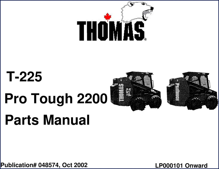 Thomas T-225 Pro Tough 2200 2002 Parts Catalog - OEM factory manual cover showing decal chart and boom support control warning