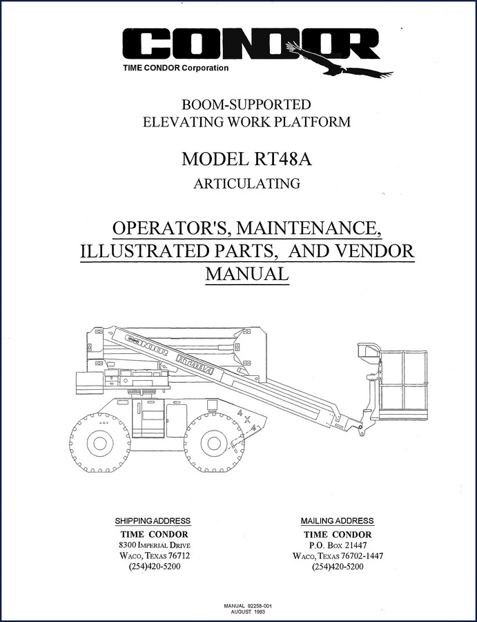 1993 TIME Condor RT48A Technical Manual cover showing boom-supported elevating work platform