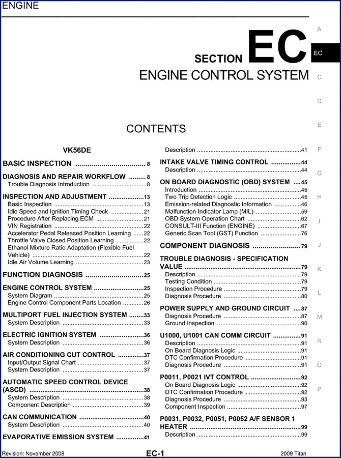Titan VK56DE 2009 Diagnostics Manual – OEM Factory Engine Control System Book
