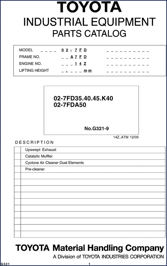 Toyota 02-7FD35 2009 Parts catalog cover - OEM factory parts breakdown