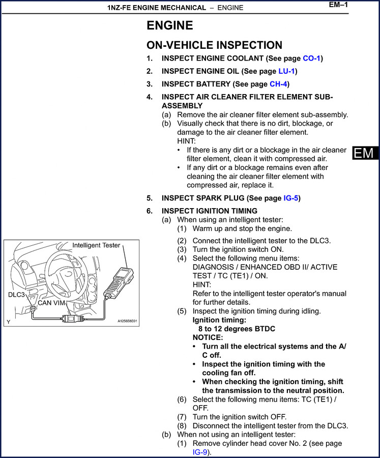 Toyota 1NZ-FE Technical Manual 436 pages cover showing engine mechanical inspection diagram