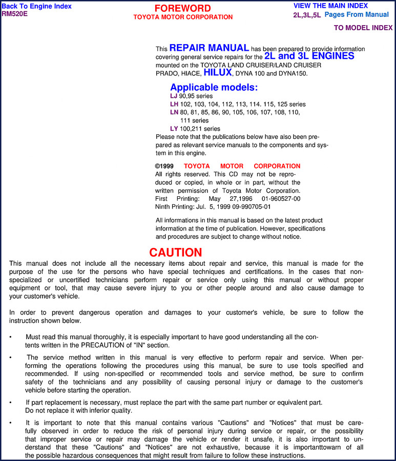 1997 Toyota 2L 2L-T 3L 5L factory repair manual supplement cover