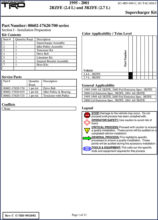 Toyota 2RZFE 3RZFE 2002 Installation Manual – TRD Supercharger Kit Factory OEM Specification Sheet
