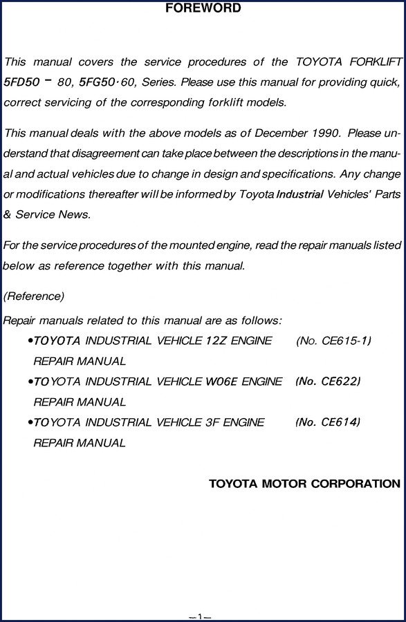 Toyota 5FD50 5FD60 5FD70 5FD80 5FG50 1990 Service Manual cover