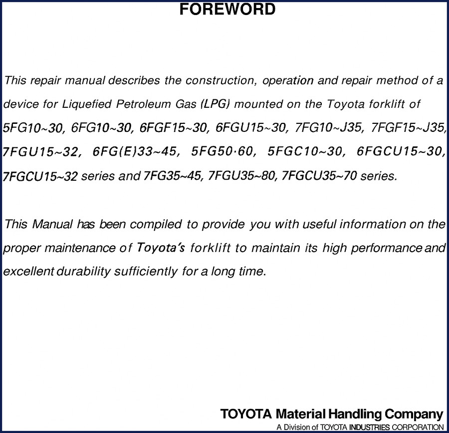 Toyota 5FG10 forklift LPG repair manual cover page from AutoRepairManuals