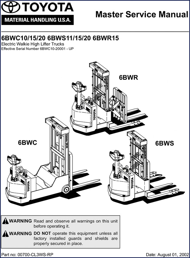Toyota 6BWC10 2002 Service Manual cover showing factory documentation for electric walkie high lifter trucks