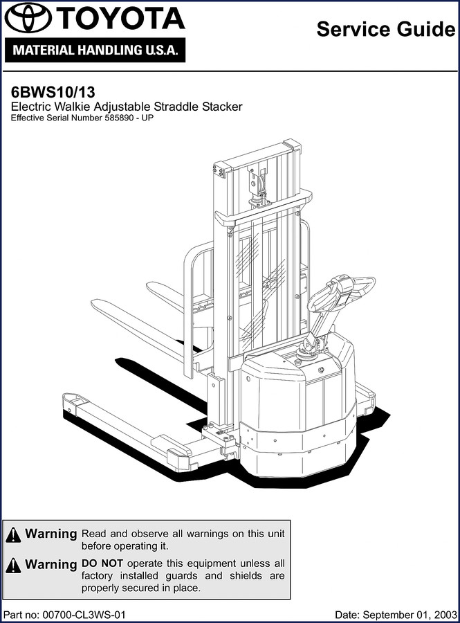 Toyota 6BWS10 6BWS13 2003 Service Manual cover showing walkie stacker with warning decals