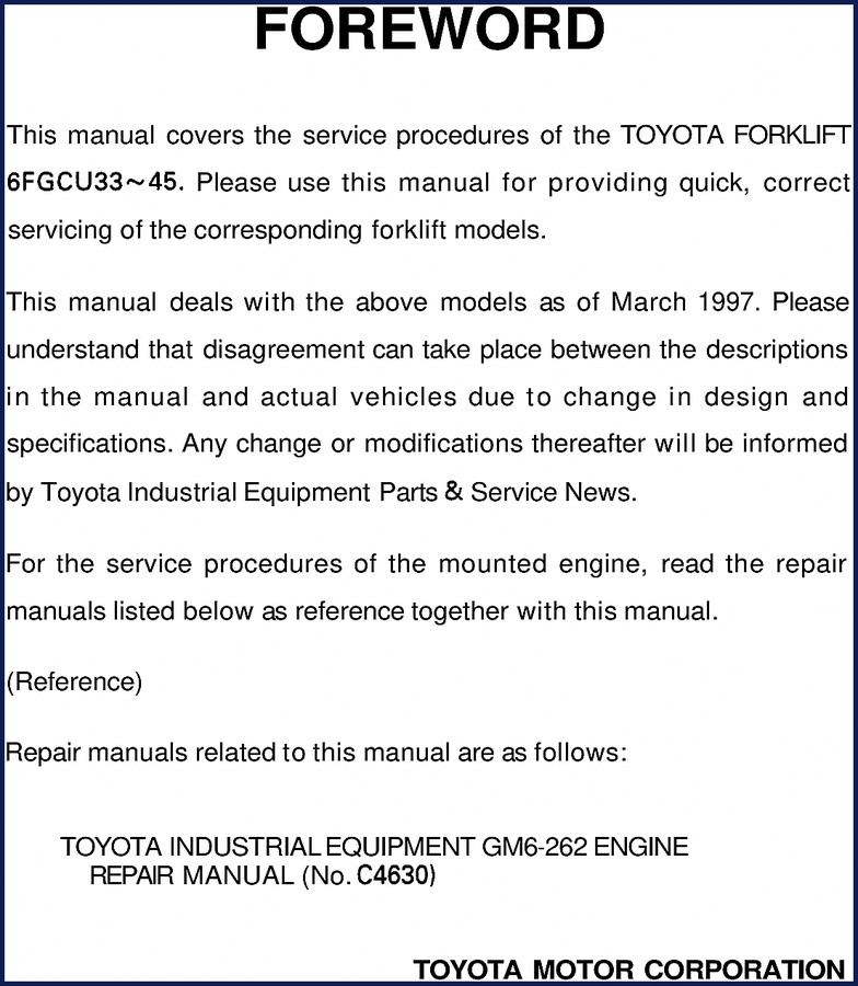 1997 Toyota 6FGCU33 6FGCU45 Factory Service Manual cover