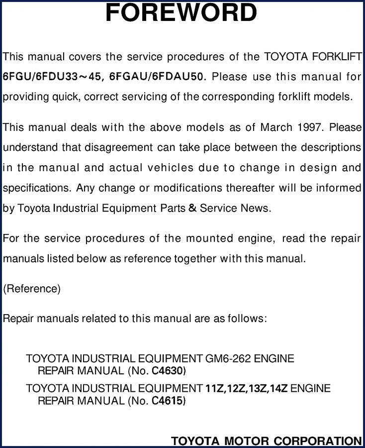 Toyota 6FGU33 1997 Service Manual cover showing forklift diagram