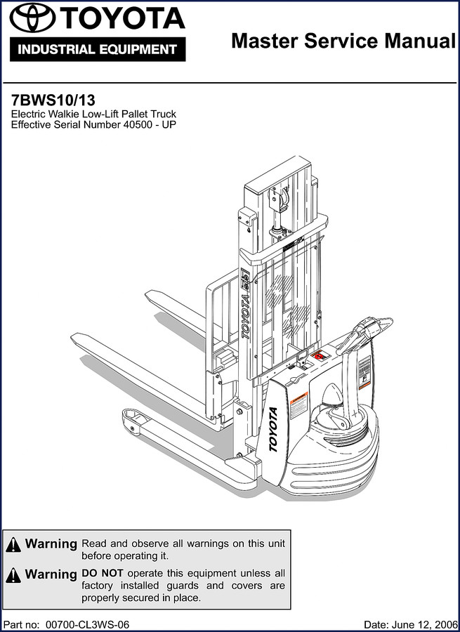 Toyota 7BWS10/13 2006 factory service manual cover - electric walkie low-lift pallet truck