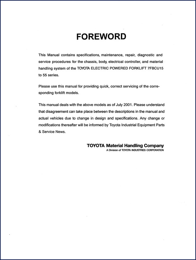 2005 Toyota 7FBCU15 electric forklift service manual cover – factory OEM document