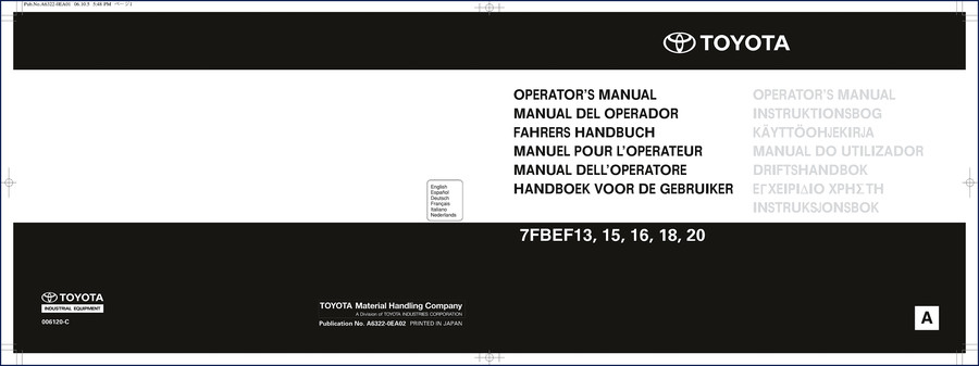 Toyota 7FBEF series 2005 Operators Manual cover showing multiple language options