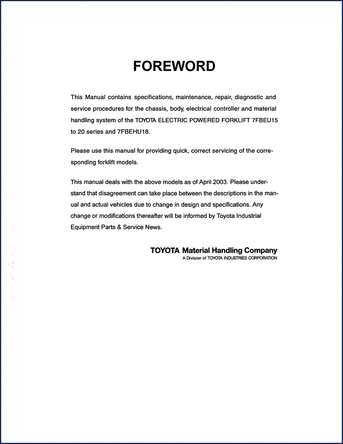 Toyota 7FBEU15, 7FBEU16, 7FBEU17, 7FBEU18, 7FBEU20 2003 Service Manual cover
