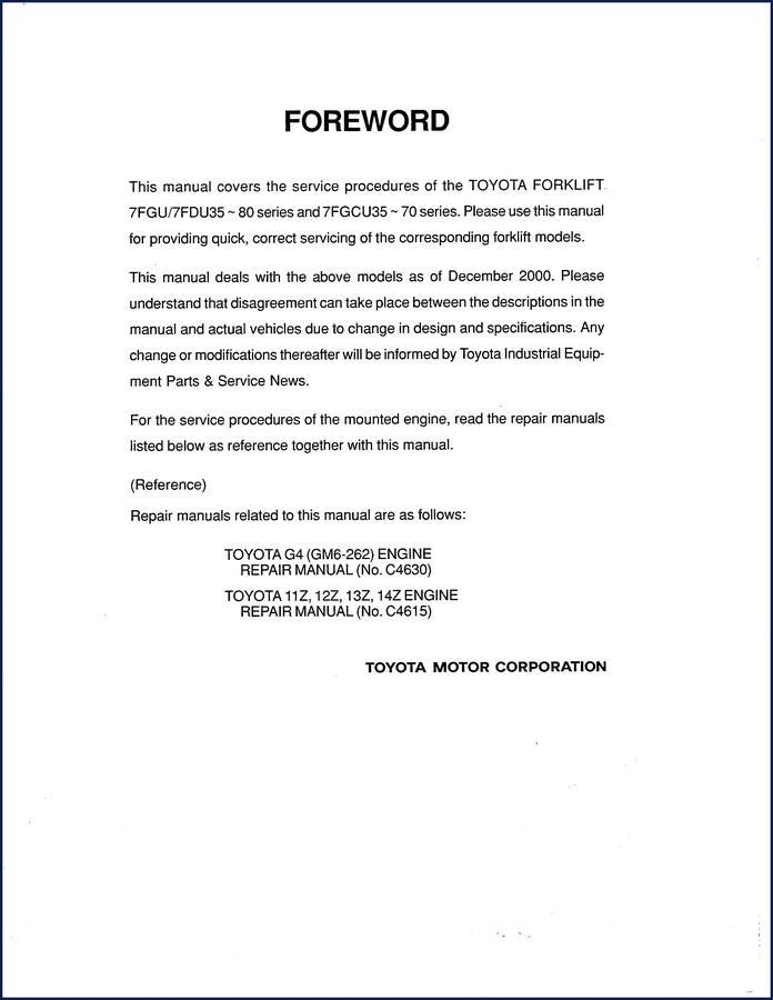 Toyota 7FGU35 7FDU35 7FGCU35 factory service manual cover 2000 596 pages