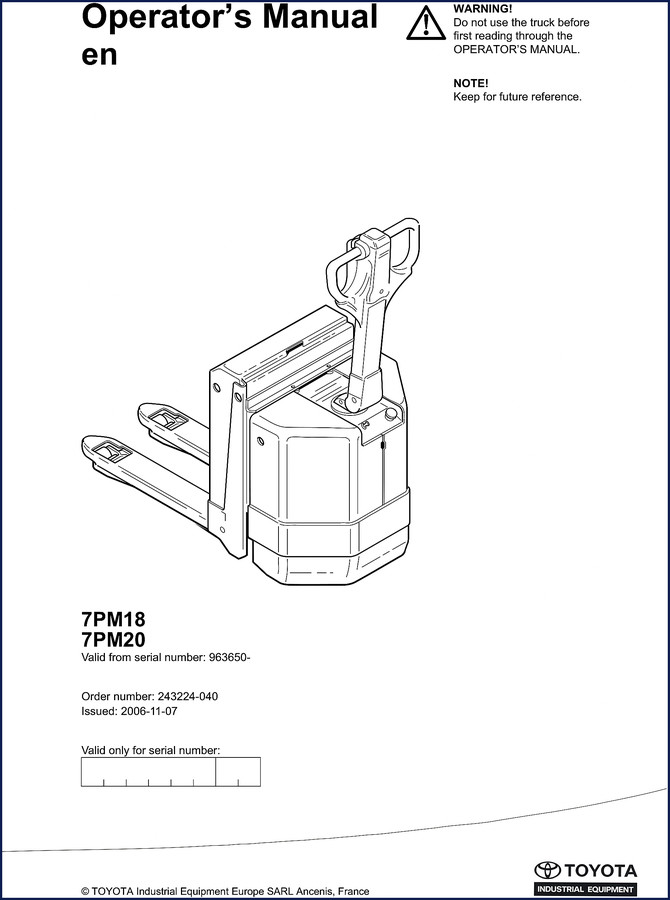 Toyota 7PM18 7PM20 2006 User Manual cover showing industrial forklift