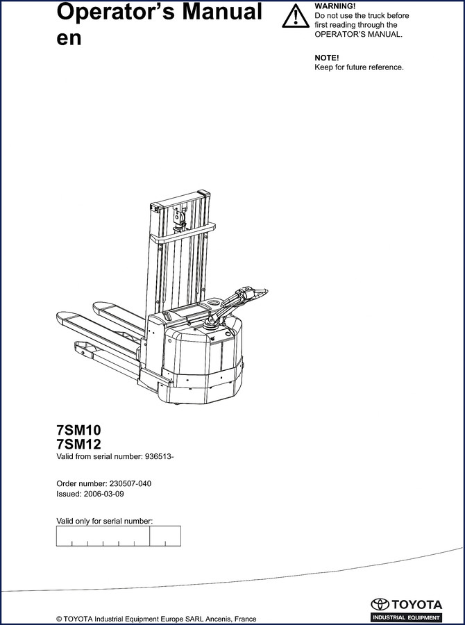 Toyota 7SM10 7SM12 2006 User Manual cover showing operator manual for warehouse truck