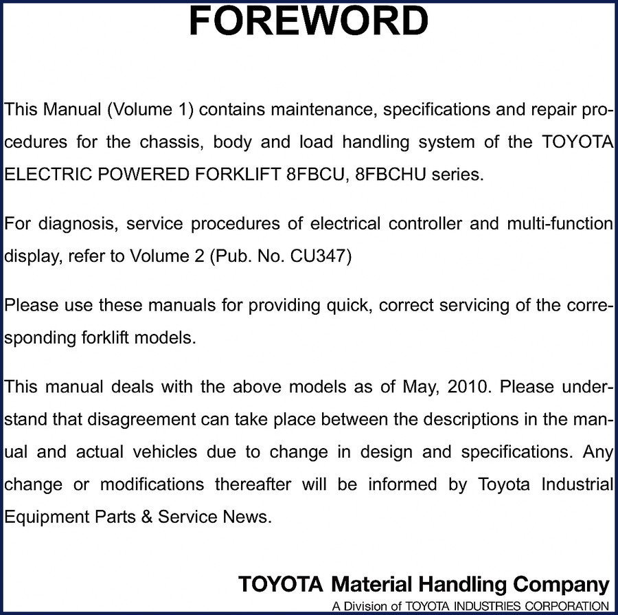 Toyota 8FBCU 8FBCHU 2010 Service Manual cover page showing factory OEM documentation for electric forklift repair