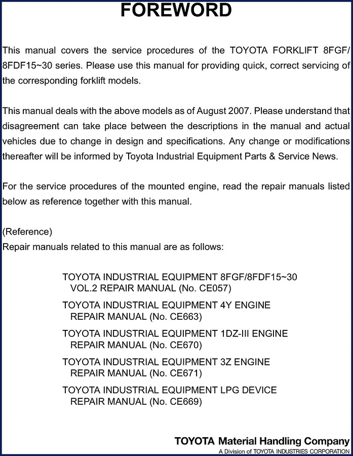 Toyota 8FGF 8FDF15 8FDF30 2007 Service Manual cover showing forklift and index sections