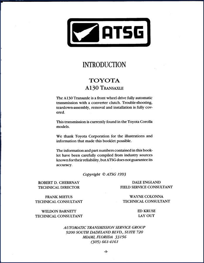 Toyota A130 1993 Technical Manual – Cover page showing transaxle diagram
