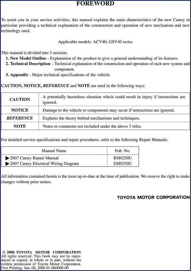 2006 Toyota Camry ACV40 GSV40 Technical Manual cover page showing factory document