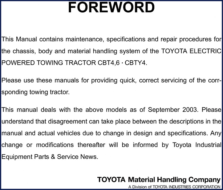 Toyota CBT4.6 CBTY4 2003 Service Manual cover showing electric towing tractor