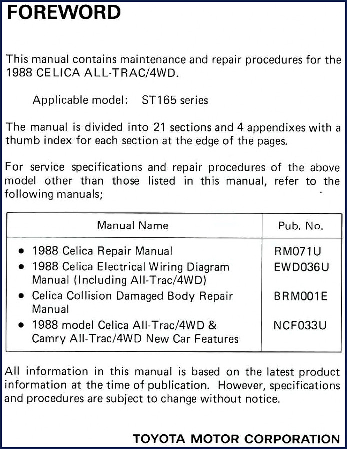 Toyota Celica 1994 Repair Manual supplement cover showing ST205 series