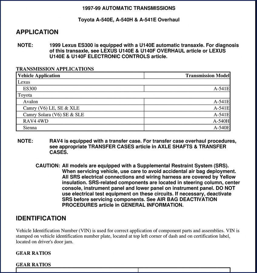 1999 Toyota ES300 factory repair manual cover
